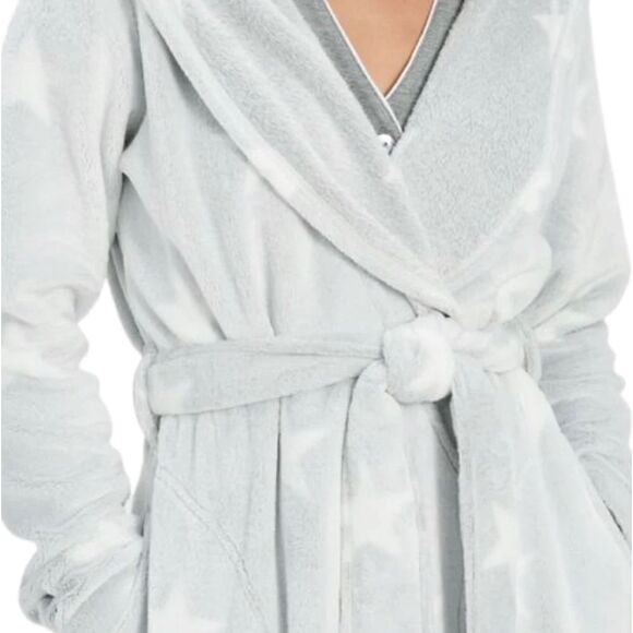 Ugg Grey/White Stars Cozy Fleece Miranda Cozy Fleece Hoodie Belted Wrap Robe NWT - Picture 7 of 17